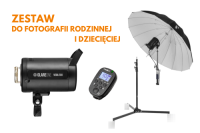 Zestaw studyjny  Glareone do fotografii dziecięcej i rodzinnej / Vega 200  / Parasol  150 Biały / Wyzwalacz Flash RC  / Statyw Air A-275  (bez kółek)