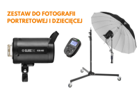 Zestaw studyjny  Glareone do fotografii portretowej i dziecięcej / Vega 400  / Parasol 150 Biały  / Wyzwalacz Flash RC  /  Statyw GlareOne Air Glide 275 z kółkami i amortyzacją powietrzną 